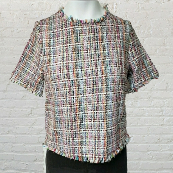 ZARA Trafaluc NWT small multicolor tweed fringe crew neck tshirt w zipper - Picture 12 of 12